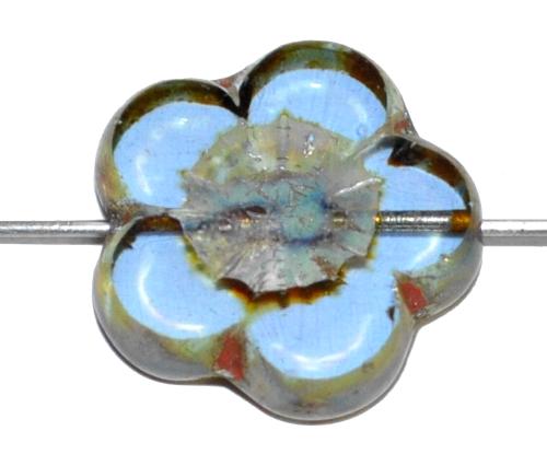 Glasperlen / Table Cut Beads Blüten geschliffen aqua transp. mit picasso finish, hergestellt in Gablonz / Tschechien