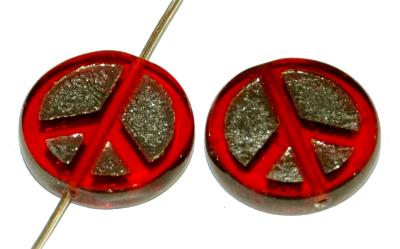 Glasperlen / Table Cut Beads geschliffen mit eingeprägtem peace Zeichen, rot transp. mit antik lüster, hergestellt in Gablonz / Tschechien