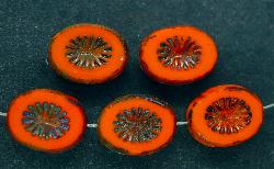 Glasperlen / Table Cut Beads
 geschliffen
 opange opak mit picasso finish,
 hergestellt in Gablonz Tschechien
 nach alten Vorlagen aus den 1920 Jahren