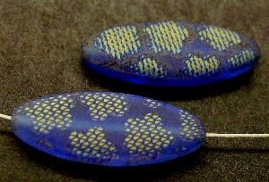 Glasperlen Oliven flach blau mattiert (frostet) mit metallic Ornament ( snake skin )