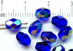 facettierte Glasperlen Oliven,  kobaltblau mit AB, hergestellt in Gablonz / Tschechien