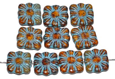 Glasperlen Blüten, hellbraun opak mit picasso finish und Farbauflage türkis, hergestellt in Gablonz / Tschechien